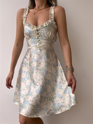 Askı Ve Yakası Pileli Papatya Desen Düğmeli Kadın Ekru Saten Elbise 21Y000375