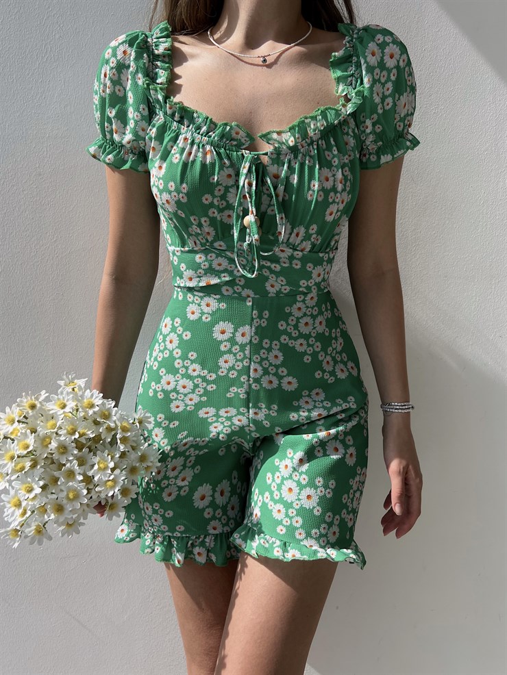 Papatya Desenli Sırt Dekolte Fırfırlı Derick Kadın Yeşil Şort Tulum 22Y000219