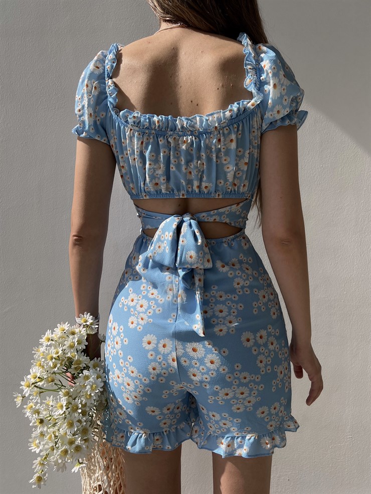 Papatya Desenli Sırt Dekolte Fırfırlı Derick Kadın Mavi Şort Tulum 22Y000219