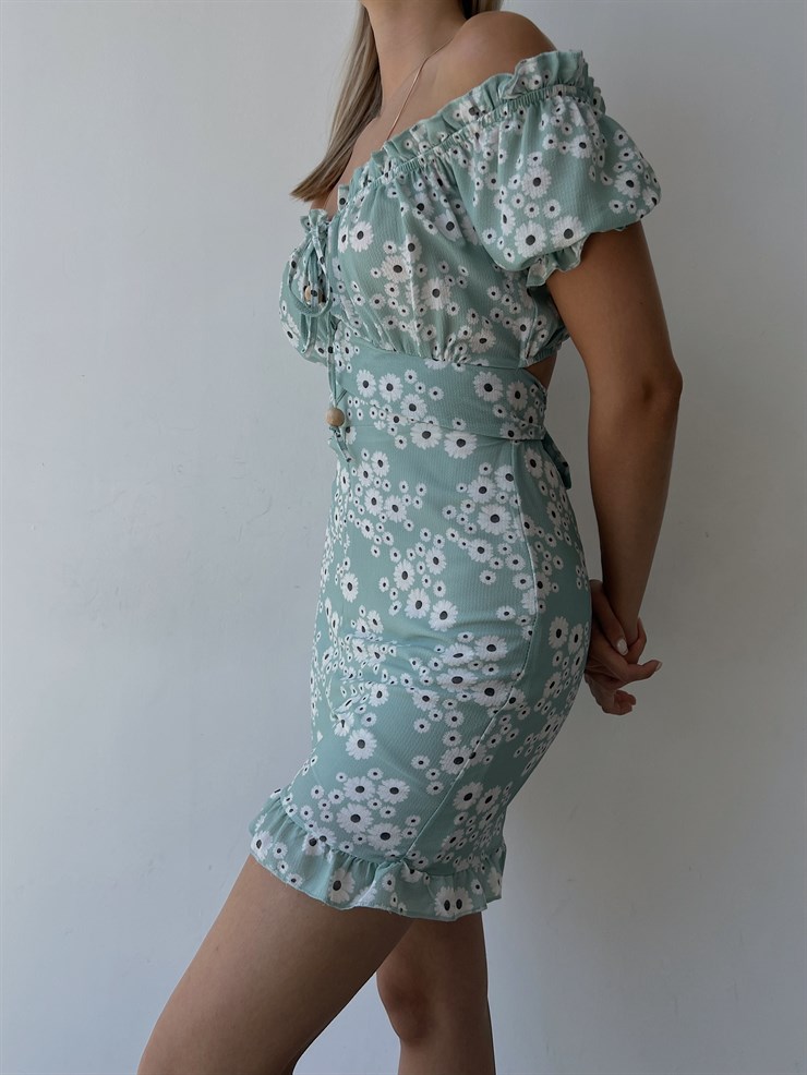 Papatya Desenli Sırt Dekolte Fırfırlı Derick Kadın Mint Şort Tulum 22Y000219