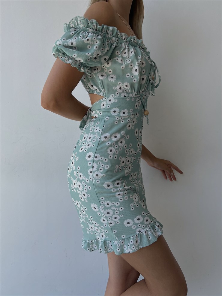 Papatya Desenli Sırt Dekolte Fırfırlı Derick Kadın Mint Şort Tulum 22Y000219