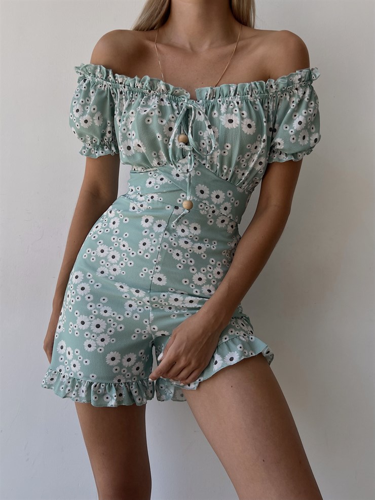 Papatya Desenli Sırt Dekolte Fırfırlı Derick Kadın Mint Şort Tulum 22Y000219