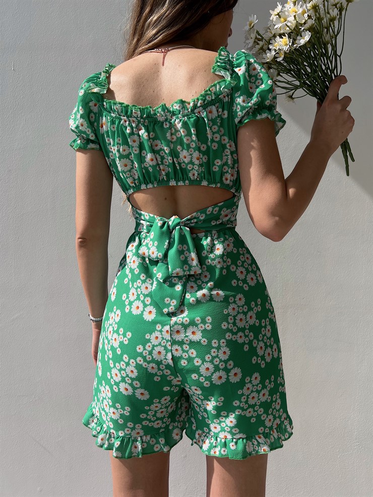 Papatya Desenli Sırt Dekolte Fırfırlı Derick Kadın Yeşil Şort Tulum 22Y000219