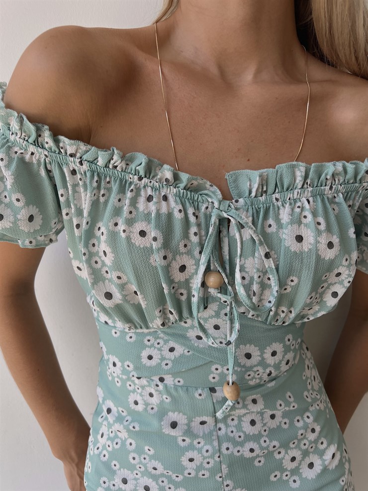 Papatya Desenli Sırt Dekolte Fırfırlı Derick Kadın Mint Şort Tulum 22Y000219