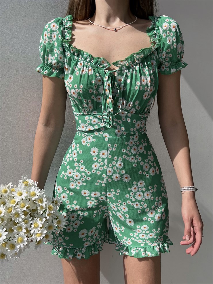 Papatya Desenli Sırt Dekolte Fırfırlı Derick Kadın Yeşil Şort Tulum 22Y000219