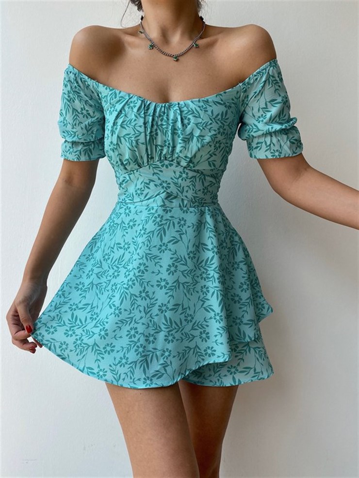 Papatyalı Madonna Yaka Eteği Volanlı Kadın Turkuaz Şort Tulum 21Y000428