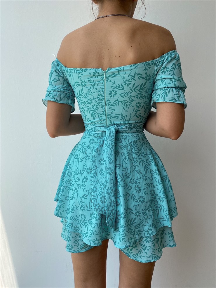 Papatyalı Madonna Yaka Eteği Volanlı Kadın Turkuaz Şort Tulum 21Y000428