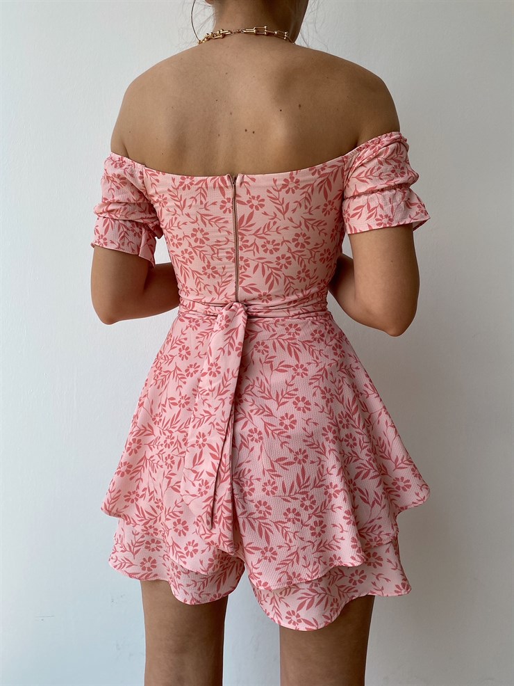 Papatyalı Madonna Yaka Eteği Volanlı Kadın Somon Şort Tulum 21Y000428