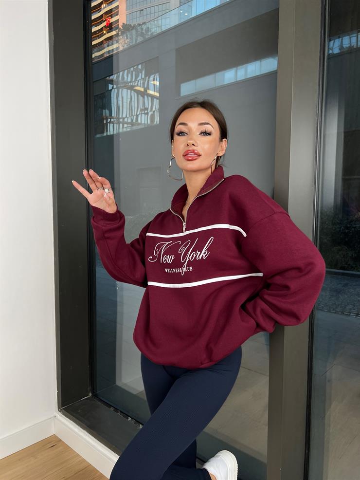 Yarım Fermuarlı Newyork Yazılı Kadın Bordo Sweatshirt 24k000191