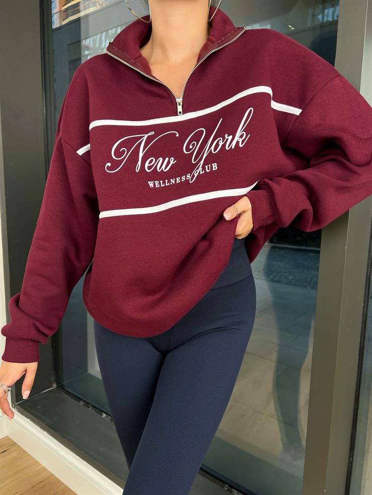 Yarım Fermuarlı Newyork Yazılı Kadın Bordo Sweatshirt 24k000191