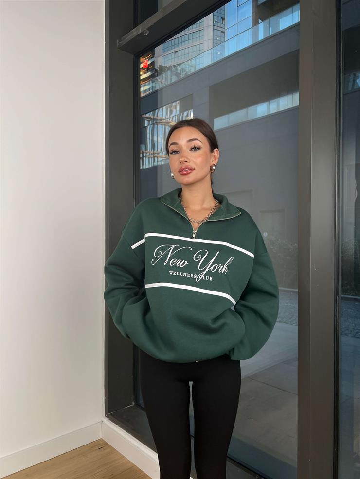 Yarım Fermuarlı Newyork Yazılı Kadın Yeşil Sweatshirt 24k000191