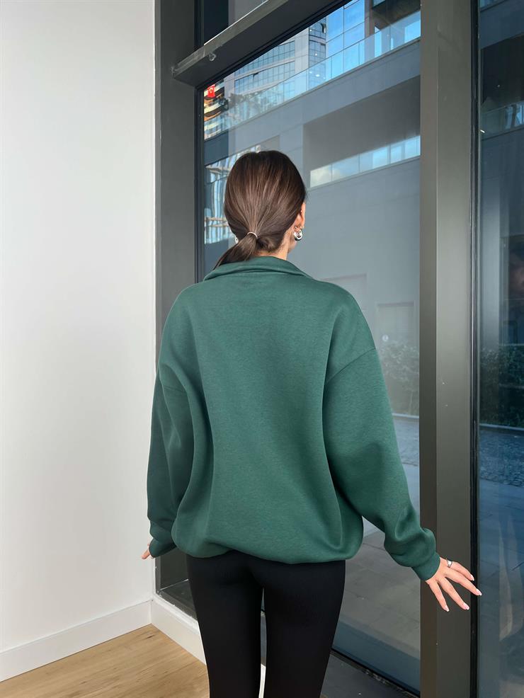 Yarım Fermuarlı Newyork Yazılı Kadın Yeşil Sweatshirt 24k000191