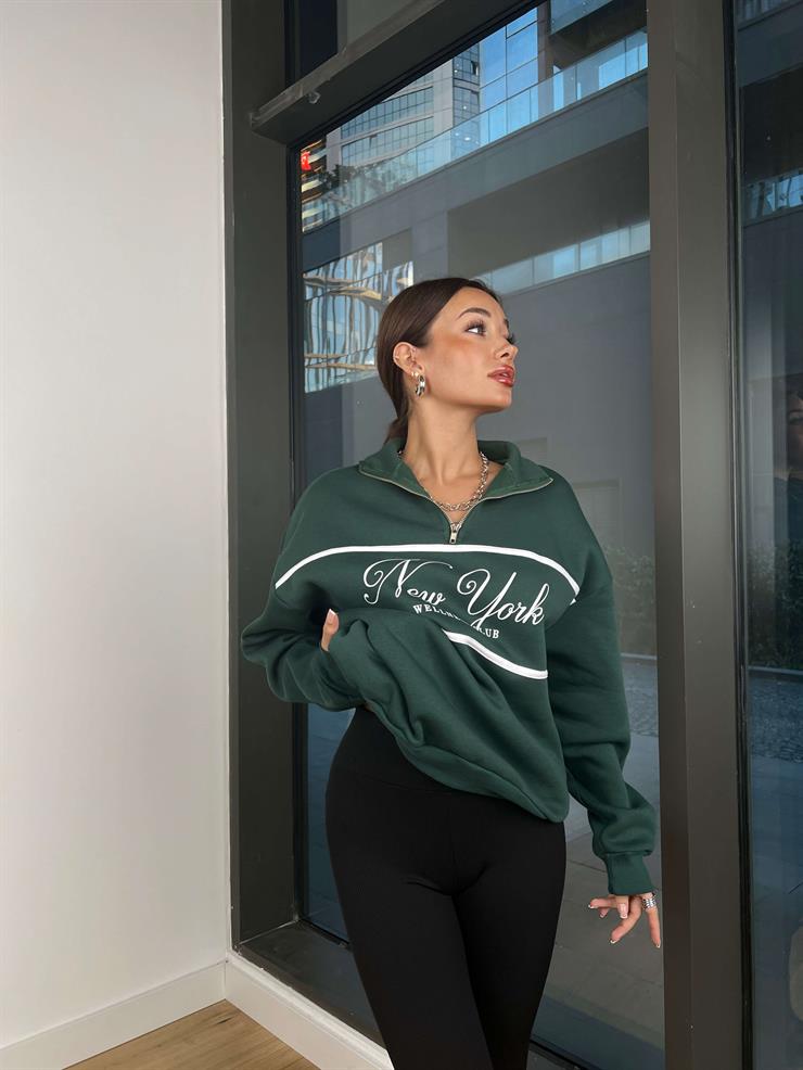Yarım Fermuarlı Newyork Yazılı Kadın Yeşil Sweatshirt 24k000191