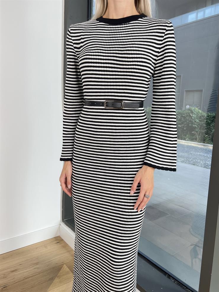 Bisiklet Yaka Geniş Kol Parisa Kadın Çizgili Siyah Elbise 24k000154