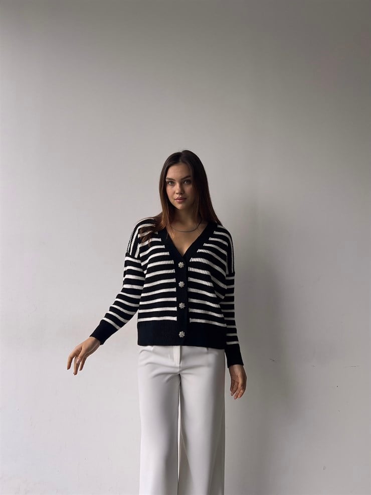 Parlak Düğme Detaylı Çizgili Enzo Kadın Siyah Hırka 23K000238