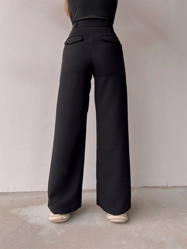 Parlak Kumaş Dökümlü Dorothy Kadın Siyah Palazzo Pantolon 22Y000059