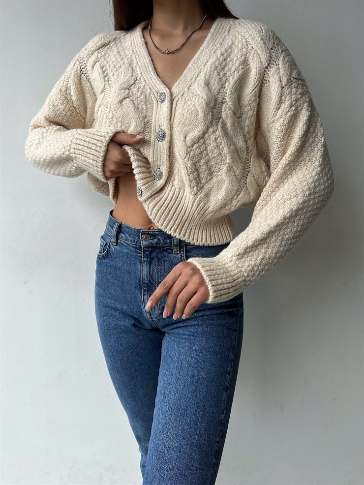 Parlak Taş Düğmeli V Yaka Marcel Kadın Ekru Hırka 23K000075