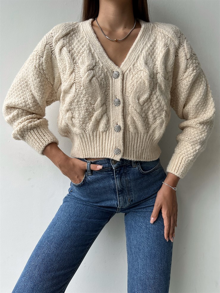 Parlak Taş Düğmeli V Yaka Marcel Kadın Ekru Hırka 23K000075