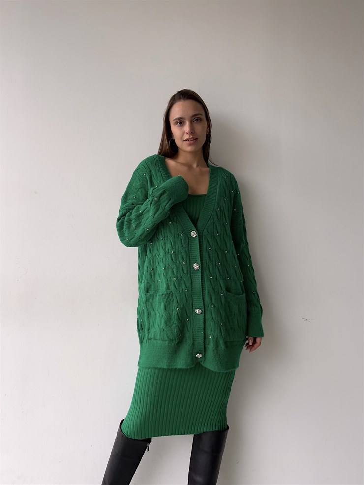 Parlak Taş Düğmeli Yanları Cepli Salaş Boey Kadın Yeşil Triko Hırka 23K000159