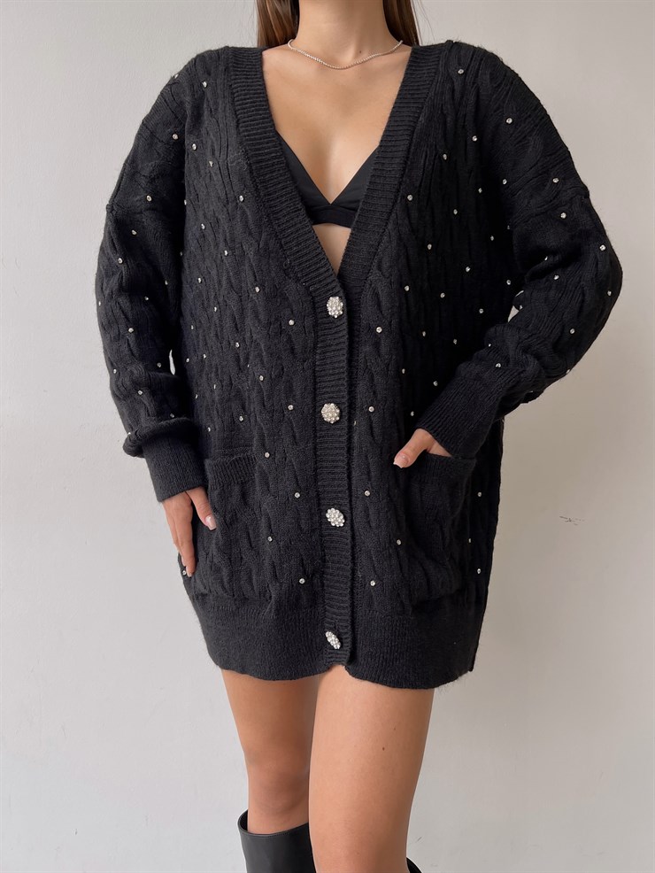 Parlak Taş Düğmeli Yanları Cepli Salaş Boey Kadın Siyah Triko Hırka 23K000159