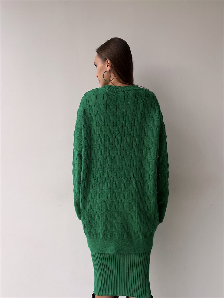 Parlak Taş Düğmeli Yanları Cepli Salaş Boey Kadın Yeşil Triko Hırka 23K000159