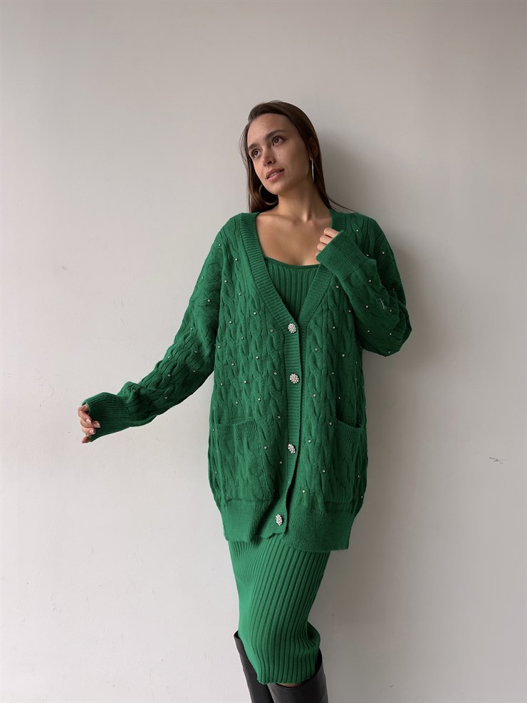 Parlak Taş Düğmeli Yanları Cepli Salaş Boey Kadın Yeşil Triko Hırka 23K000159