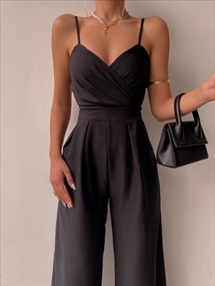 Kruvaze İnce Askılı Geniş Paça Patricia Kadın Siyah Tulum 22K000346