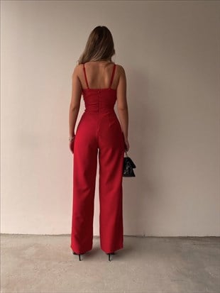 Kruvaze İnce Askılı Geniş Paça Patricia Kadın Kırmızı Tulum 22K000346