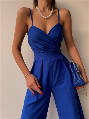 Kruvaze İnce Askılı Geniş Paça Patricia Kadın Saks Tulum 22K000346