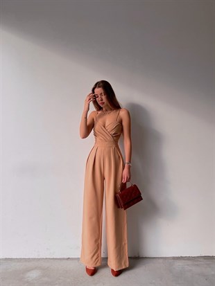 Kruvaze İnce Askılı Geniş Paça Patricia Kadın Vizon Tulum 22K000346