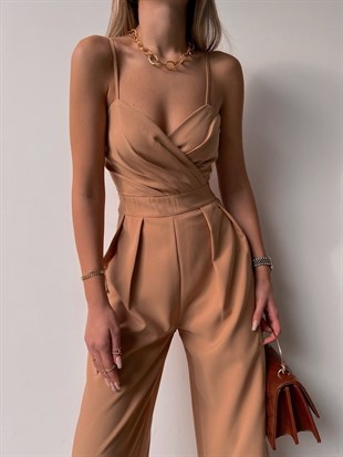 Kruvaze İnce Askılı Geniş Paça Patricia Kadın Vizon Tulum 22K000346