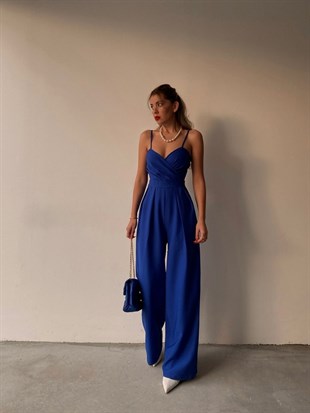 Kruvaze İnce Askılı Geniş Paça Patricia Kadın Saks Tulum 22K000346