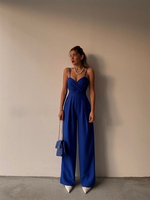 Kruvaze İnce Askılı Geniş Paça Patricia Kadın Saks Tulum 22K000346