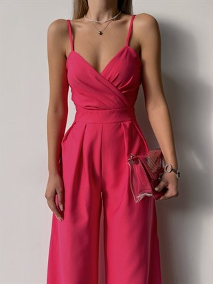 Kruvaze İnce Askılı Geniş Paça Patricia Kadın Pembe Tulum 22K000346