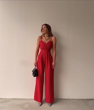 Kruvaze İnce Askılı Geniş Paça Patricia Kadın Kırmızı Tulum 22K000346