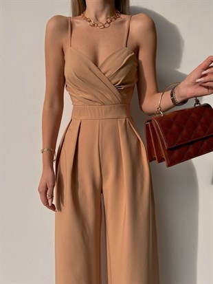 Kruvaze İnce Askılı Geniş Paça Patricia Kadın Vizon Tulum 22K000346