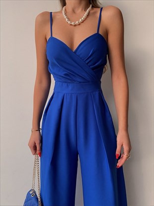 Kruvaze İnce Askılı Geniş Paça Patricia Kadın Saks Tulum 22K000346