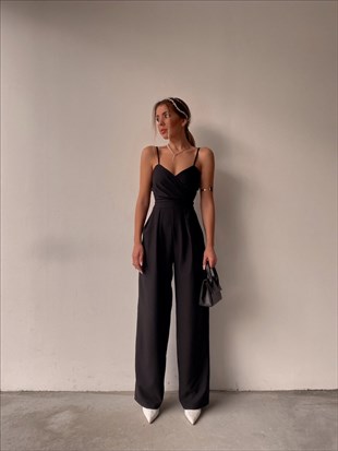 Kruvaze İnce Askılı Geniş Paça Patricia Kadın Siyah Tulum 22K000346