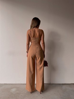 Kruvaze İnce Askılı Geniş Paça Patricia Kadın Vizon Tulum 22K000346