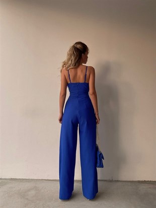 Kruvaze İnce Askılı Geniş Paça Patricia Kadın Saks Tulum 22K000346