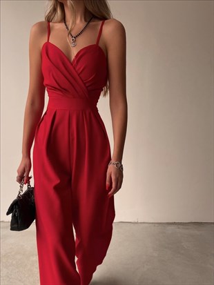 Kruvaze İnce Askılı Geniş Paça Patricia Kadın Kırmızı Tulum 22K000346
