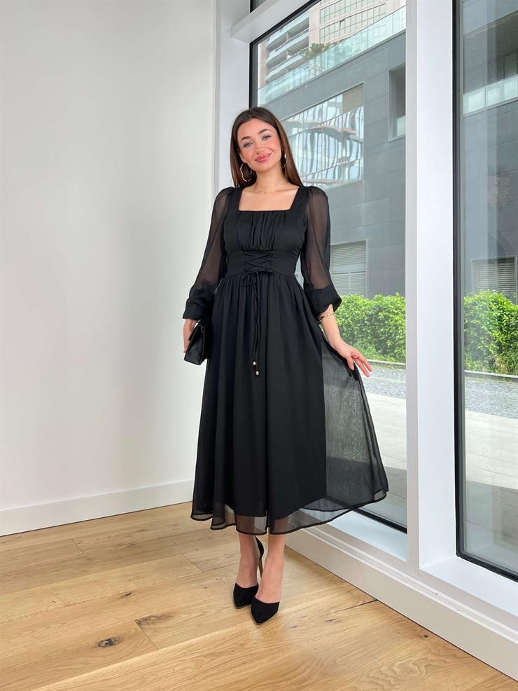 Kare Yaka Önü Drapeli Ve Bağcık Detaylı Patrik Kadın Siyah Elbise 24Y442