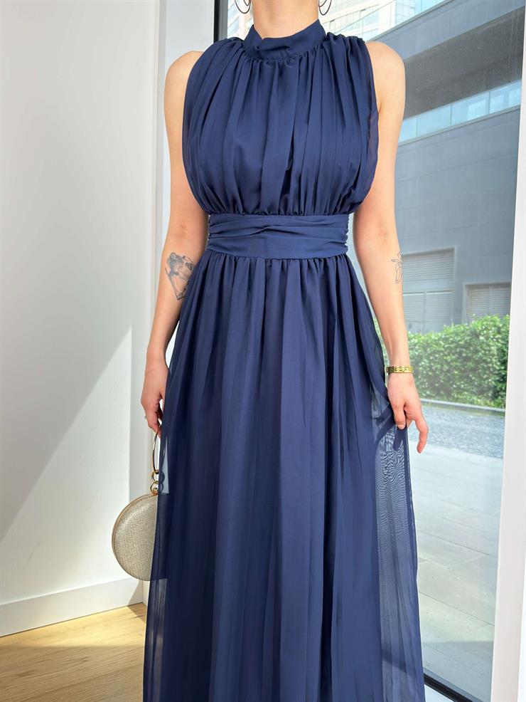 Yarım Boğazlı Belden Oturtmalı Pavel Kadın Lacivert Elbise 24Y438