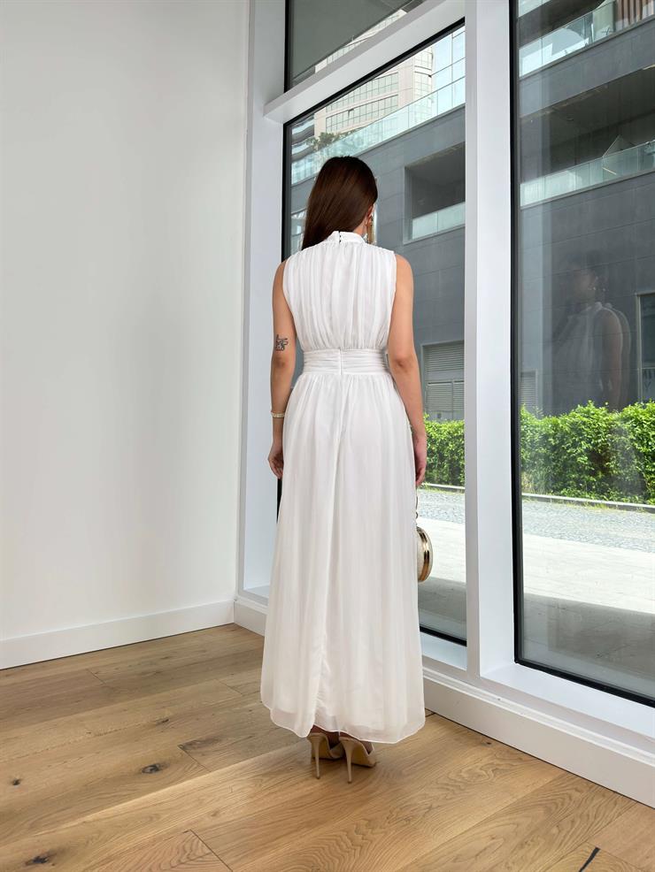 Yarım Boğazlı Belden Oturtmalı Pavel Kadın Beyaz Elbise 24Y438