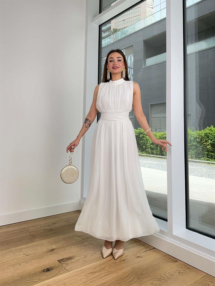 Yarım Boğazlı Belden Oturtmalı Pavel Kadın Beyaz Elbise 24Y438