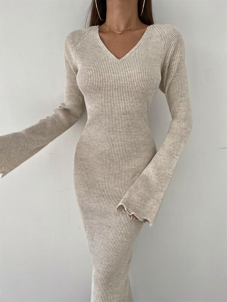 Uzun Kol V yaka Arkası Çapraz Bağlama Detaylı Pavipv Kadın Taş Triko Elbise 23K000462