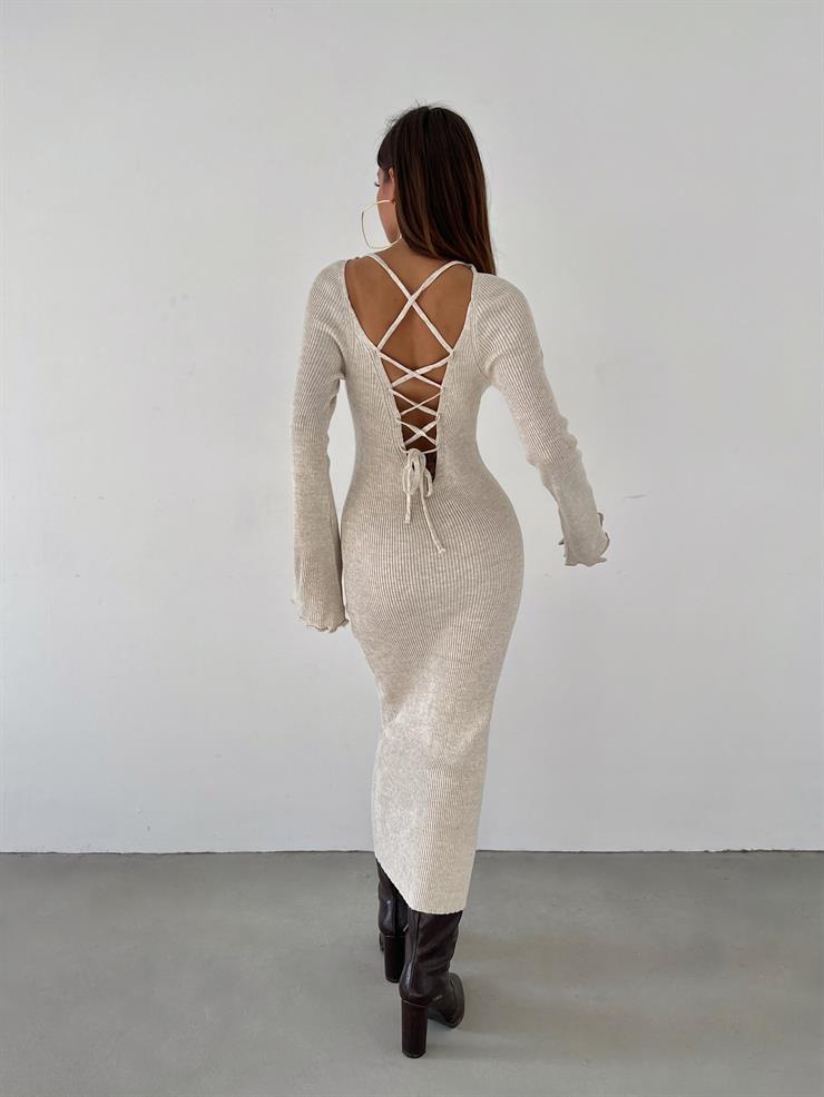 Uzun Kol V yaka Arkası Çapraz Bağlama Detaylı Pavipv Kadın Taş Triko Elbise 23K000462