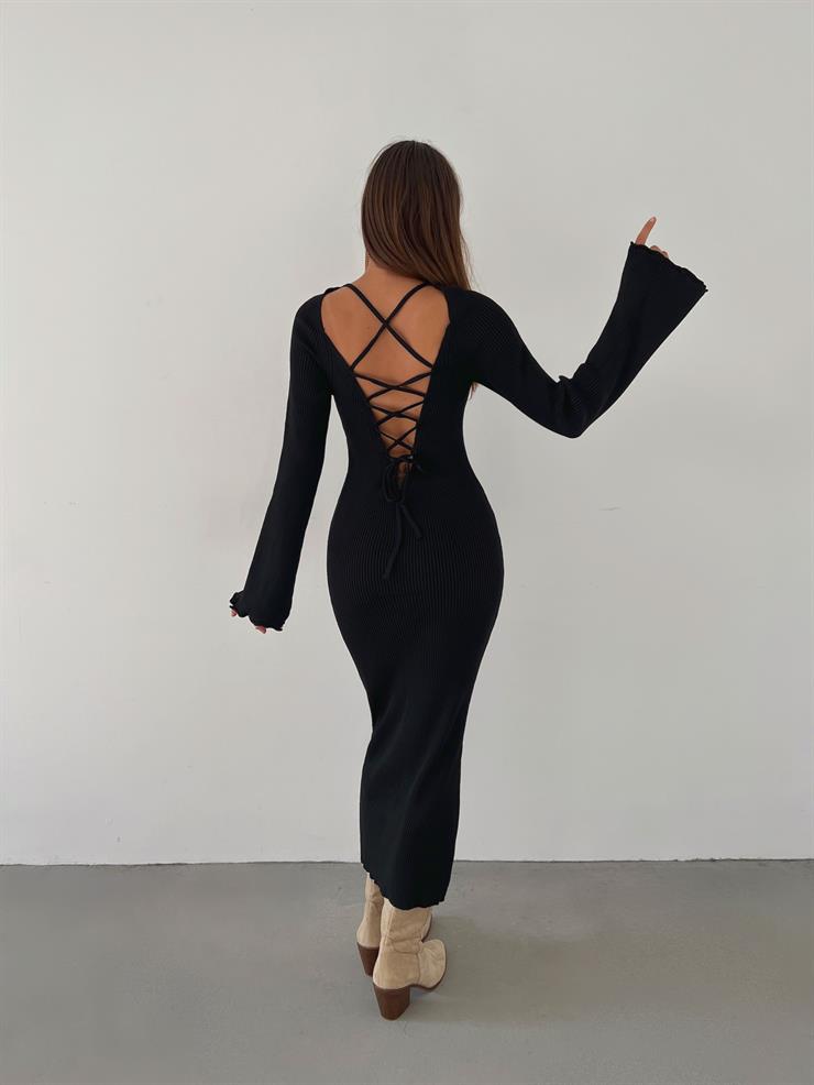 Uzun Kol V yaka Arkası Çapraz Bağlama Detaylı Pavipv Kadın Siyah Triko Elbise 23K000462