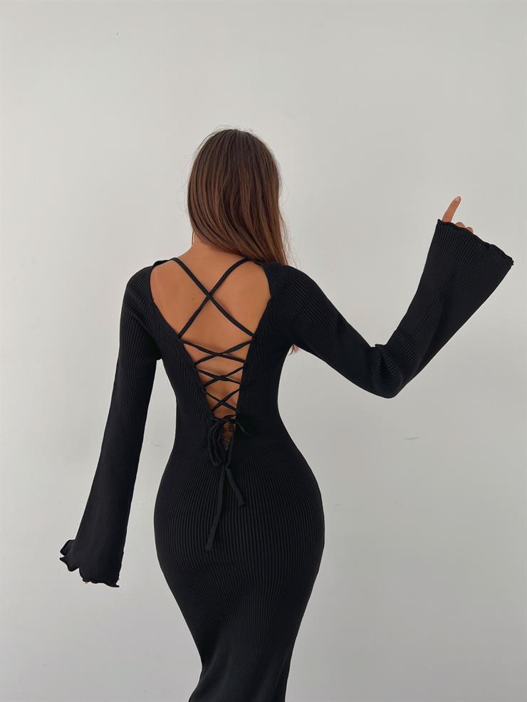 Uzun Kol V yaka Arkası Çapraz Bağlama Detaylı Pavipv Kadın Siyah Triko Elbise 23K000462