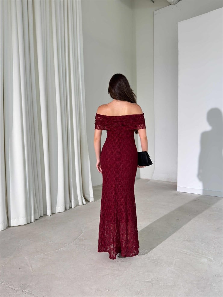 Madonna Yaka Dantelli Maxi Bordo Pavle Kadın Elbise 26Y392
